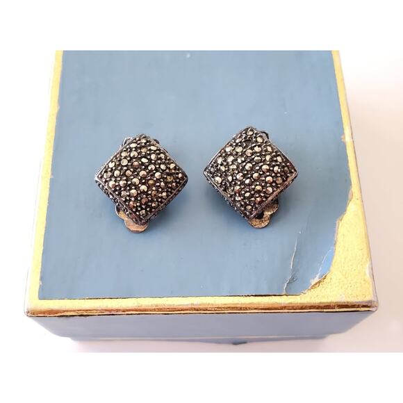 Vintage Sterling Silver Marcasite Square Earrings - Picture 1 of 7